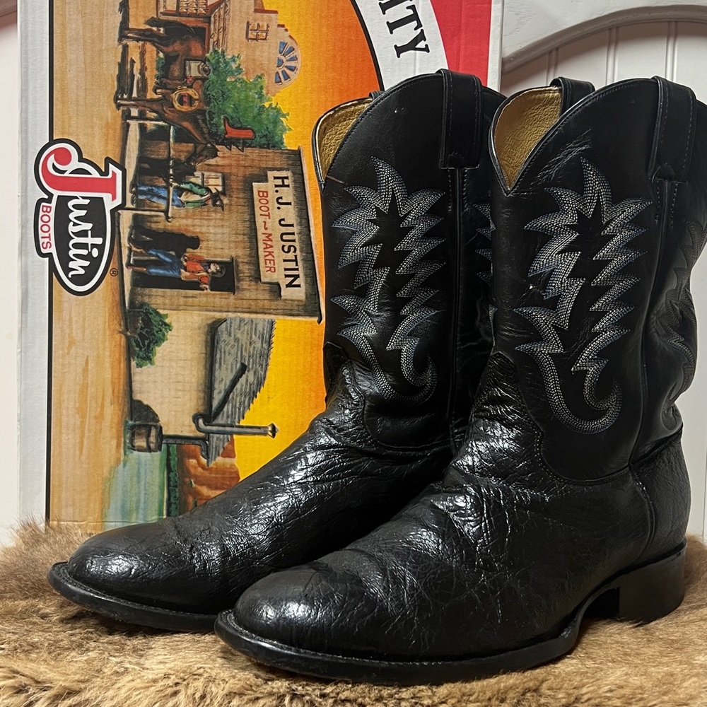 Justin Roper Black Smooth Ostrich Cowboy Boots 11 EE Western - Picture 2 of 9